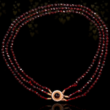 14K Dutch Victorian Three Strand Faceted Beaded Garnet Necklace with Filigree Clasp 15.5" to 18.5"