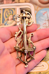 14K & Silver Dutch Victorian Diamond & Ruby Monogram JS/SJ Brooch