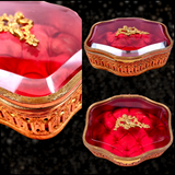 French Victorian Trinket Cherubs Tufted Silk Glass Box (Crimson Red)