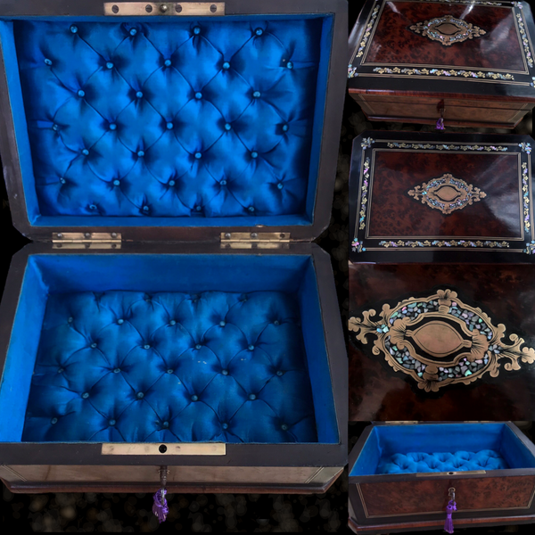 French Victorian Inlaid Mother Of Pearl Tufted Silk Box (Cobalt Blue)