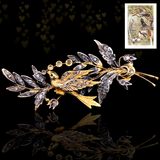 18K & Silver German Victorian White Sapphire Bird Floral Spray Bouquet Brooch with Original Lithograph