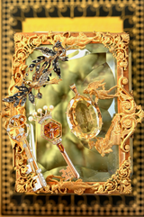 18K & Silver German Victorian White Sapphire Bird Floral Spray Bouquet Brooch with Original Lithograph