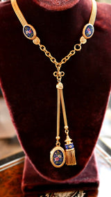 18K Victorian Floral Blue Enamel Slider, Tassel & Locket Watch Chain Set 15" With 4" Drop