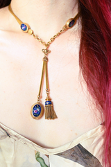 18K Victorian Floral Blue Enamel Slider, Tassel & Locket Watch Chain Set 15" With 4" Drop