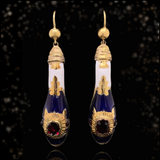 18K Victorian Garnet, Blue & White Enamel Snake Dangle Earrings