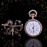 18K & Silver French Victorian Alphonse Auger Diamond Pocket Watch with Bow Brooch