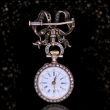 18K & Silver French Victorian Alphonse Auger Diamond Pocket Watch with Bow Brooch