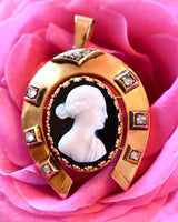 18K European Victorian Diamond & Onyx Cameo Horseshoe Pendant