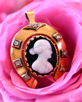 18K European Victorian Diamond & Onyx Cameo Horseshoe Pendant