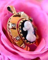 18K European Victorian Diamond & Onyx Cameo Horseshoe Pendant