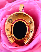 18K European Victorian Diamond & Onyx Cameo Horseshoe Pendant