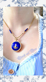 18K French Victorian Cherub & Dove Blue Guilloche Enamel Pearl Locket