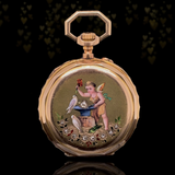18K French Victorian Diamond Cherub, Dove & Anvil Enamel Pocket Watch
