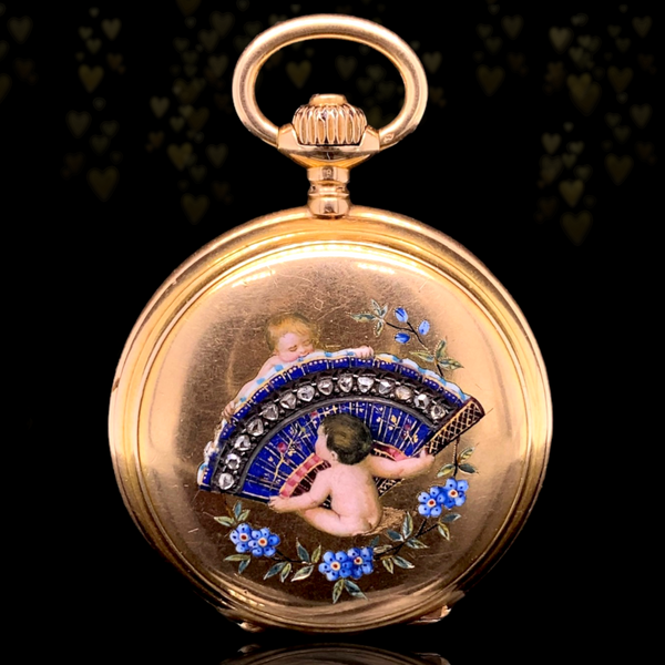 Sold on Layaway | 18K Swiss Victorian Longines Diamond Cherub & Fan Enamel Pocket Watch