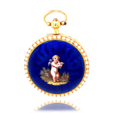 18K French Victorian Cherub & Dove Blue Guilloche Enamel Pearl Locket