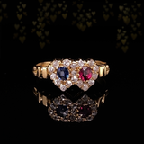 Sold on Layaway | 18K English Victorian Diamond, Sapphire & Ruby Double Heart Ring