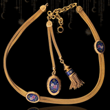 18K Victorian Floral Blue Enamel Slider, Tassel & Locket Watch Chain Set 15" With 4" Drop