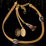 18K Victorian Floral Blue Enamel Slider, Tassel & Locket Watch Chain Set 15" With 4" Drop