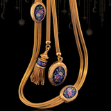 18K Victorian Floral Blue Enamel Slider, Tassel & Locket Watch Chain Set 15" With 4" Drop