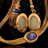 18K Victorian Floral Blue Enamel Slider, Tassel & Locket Watch Chain Set 15" With 4" Drop