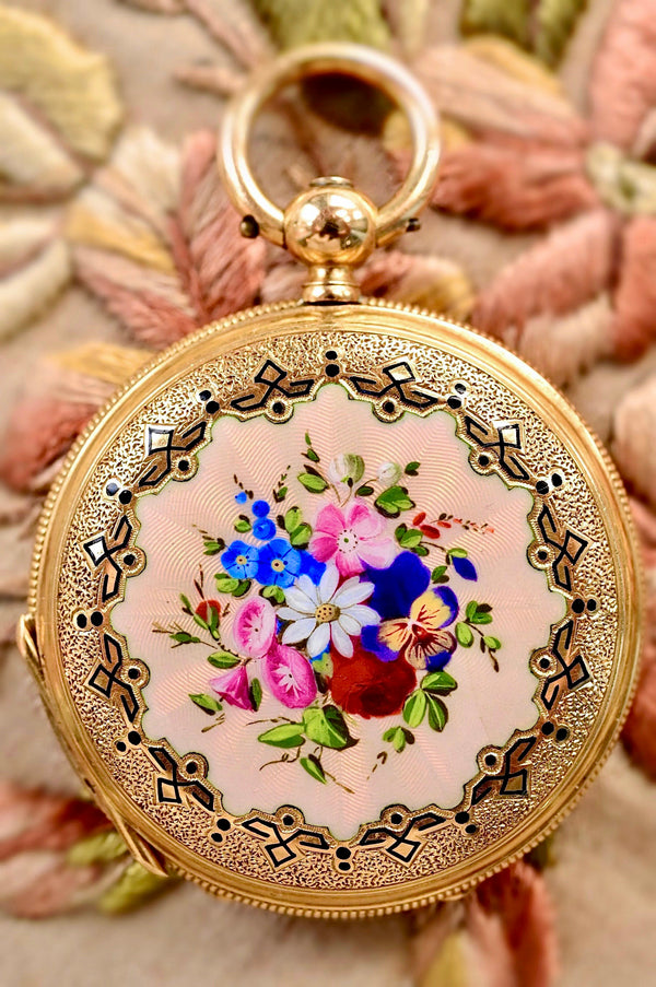 18K Swiss Victorian Jeanjaquet Frères Flower Bouquet Guilloche Enamel Pocket Watch with Winding Key