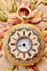 18K Swiss Victorian Jeanjaquet Frères Flower Bouquet Guilloche Enamel Pocket Watch with Winding Key