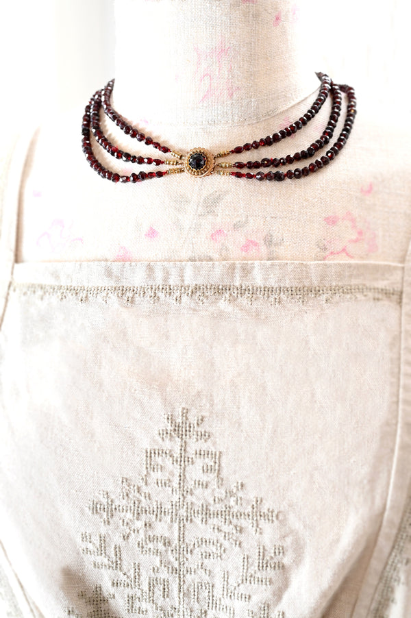 Sold on Layaway | 14K Dutch Victorian Three Strand Faceted Beaded Garnet Necklace with Filigree Clasp 15.5" to 18.5"