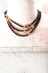 14K Dutch Victorian Three Strand Faceted Beaded Garnet Necklace with Filigree Clasp 15.5" to 18.5"