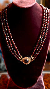 14K Dutch Victorian Three Strand Faceted Beaded Garnet Necklace with Filigree Clasp 15.5" to 18.5"