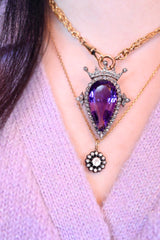 Sold on Layaway | 18K & Silver Victorian Diamond & Amethyst Crowned Heart Brooch-Pendant