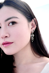 14K & Silver Dutch Victorian Floral Leaf Diamond Collet Set Dangle Earrings