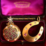 18K & Silver Victorian Diamond, Ruby & Pearl Enamel Lover's Knot Vinaigrette Locket with Star Bail