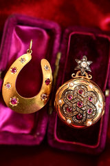 18K & Silver Victorian Diamond, Ruby & Pearl Enamel Lover's Knot Vinaigrette Locket with Star Bail