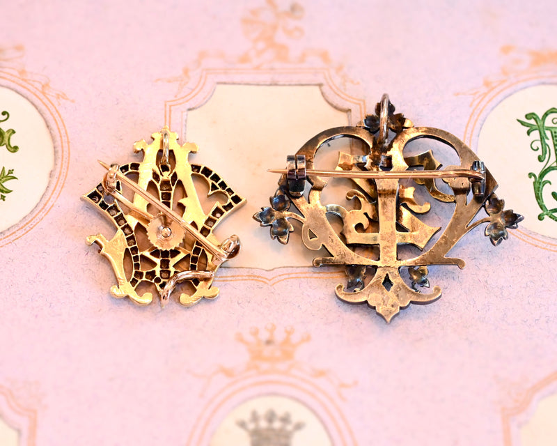 18K French Victorian Diamond Monogram AM/MA or MV/VM Brooch-Pendant (With Detachable Brooch Pin)