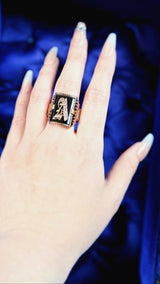 14K Victorian Diamond & Onyx Signet Initial A Ring