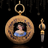 18K Swiss Victorian Patek & Cie (Patek Philippe) Diamond Portrait Lady Enamel Pocket Watch with Bloodstone Winding Key