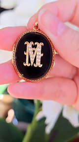 18K French Victorian Onyx & Diamond Initial M Locket
