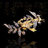 18K & Silver German Victorian White Sapphire Bird Floral Spray Bouquet Brooch with Original Lithograph