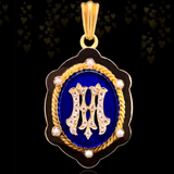 Sold on Layaway | 18K French Victorian Diamond & Pearl Bristol Blue Guilloche Initial M Locket