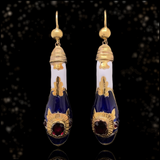 18K Victorian Garnet, Blue & White Enamel Snake Dangle Earrings