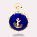 18K French Victorian Cherub & Dove Blue Guilloche Enamel Pearl Locket