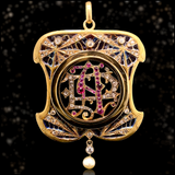 18K European Victorian/Edwardian Diamond & Ruby Monogram AP/PA Plique A Jour Enamel Pendant