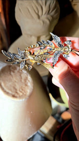 18K & Silver German Victorian White Sapphire Bird Floral Spray Bouquet Brooch with Original Lithograph