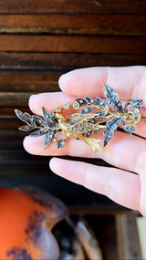 18K & Silver German Victorian White Sapphire Bird Floral Spray Bouquet Brooch with Original Lithograph