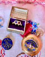 Sold on Layaway | 18K English Victorian Diamond, Sapphire & Ruby Double Heart Ring