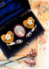 18K Victorian Diamond Violet Flower White & Yellow Enamel Ring Set (Pair)