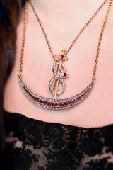 Sold on Layaway | 9K & Silver Victorian Diamond & Ruby Crescent Brooch-Necklace with Detachable Chain 18"