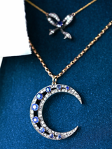 14K & Silver German Victorian Diamond & Sapphire Crescent Pendant