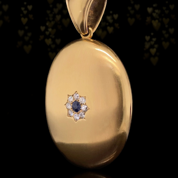 15K English Victorian Diamond & Sapphire Flower Cluster Locket c.1876 with Double Portrait
