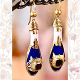 18K Victorian Garnet, Blue & White Enamel Snake Dangle Earrings